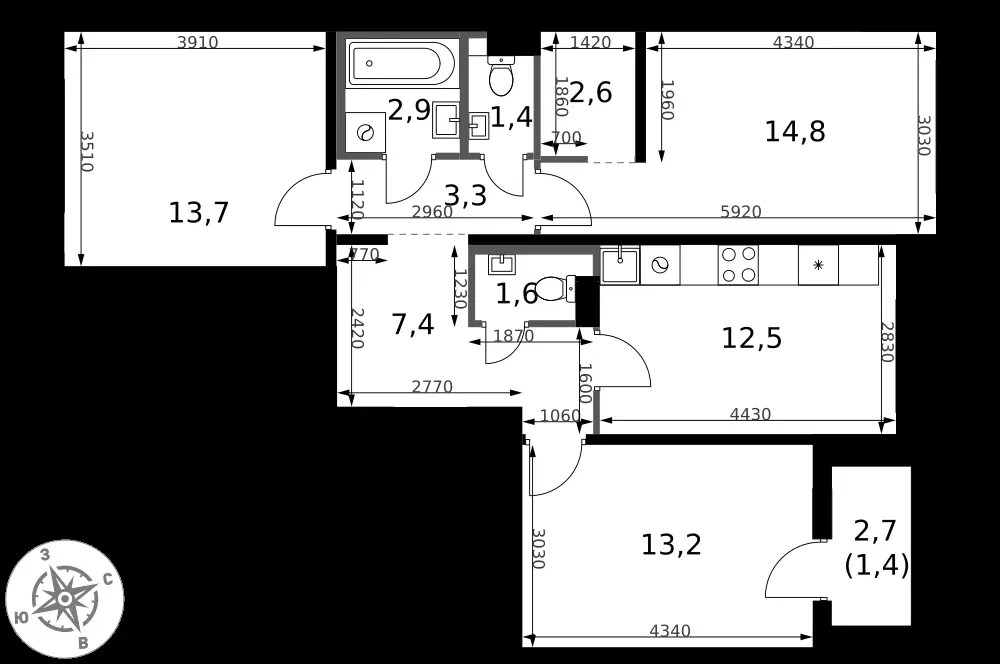 3-комнатная, 74,8 м² — 16 034 876 ₽
