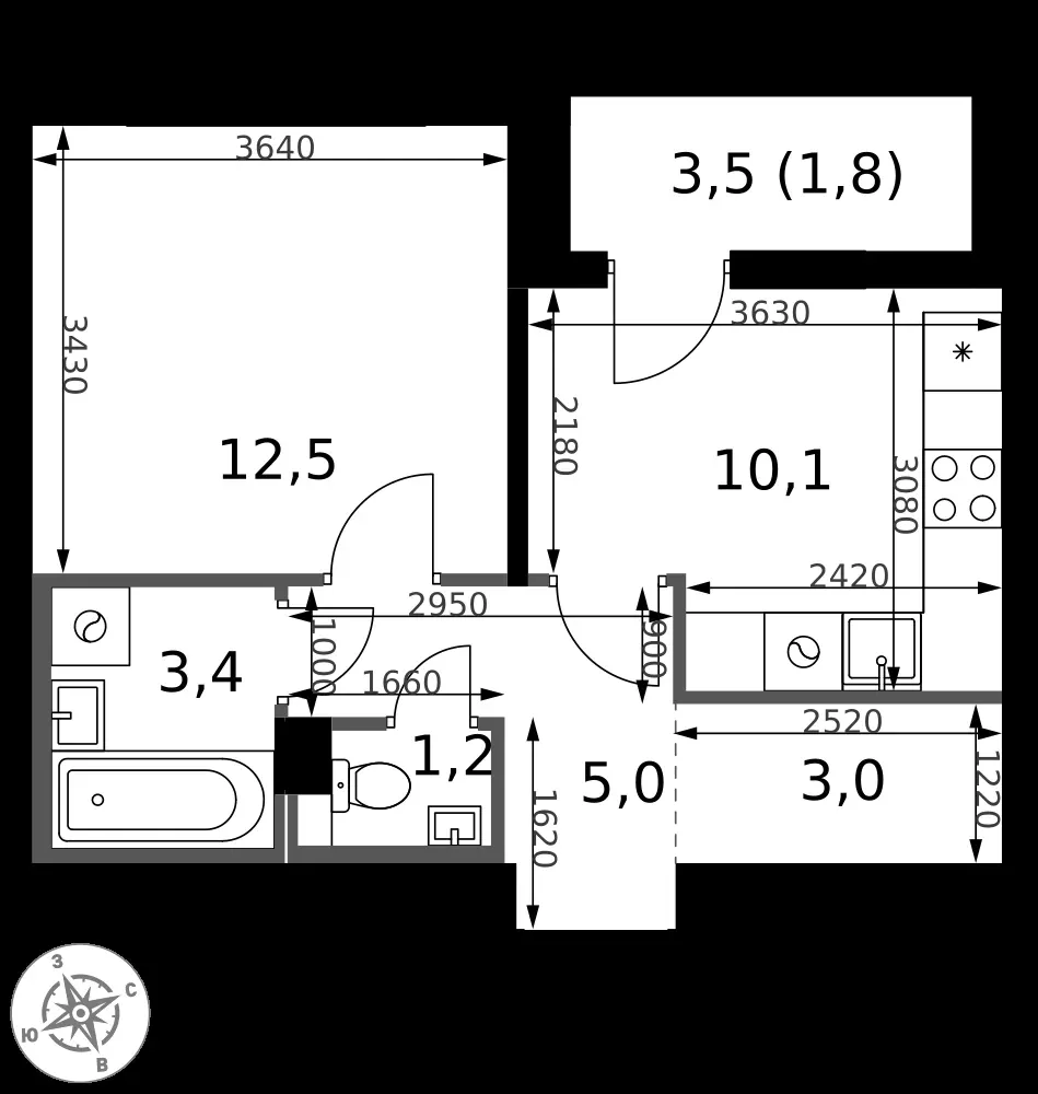 1-комнатная, 37 м² — 9 000 990 ₽