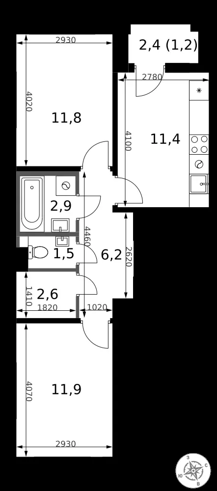 2-комнатная, 49,5 м² — 14 230 188 ₽