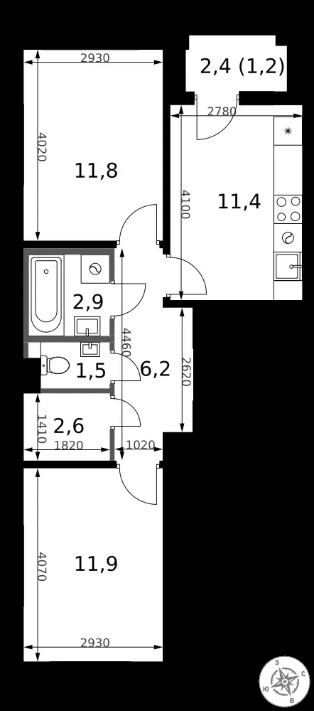 2-комнатная, 49,5 м² — 14 317 506 ₽