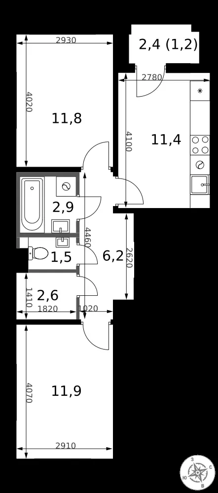 2-комнатная, 49,5 м² — 14 390 271 ₽