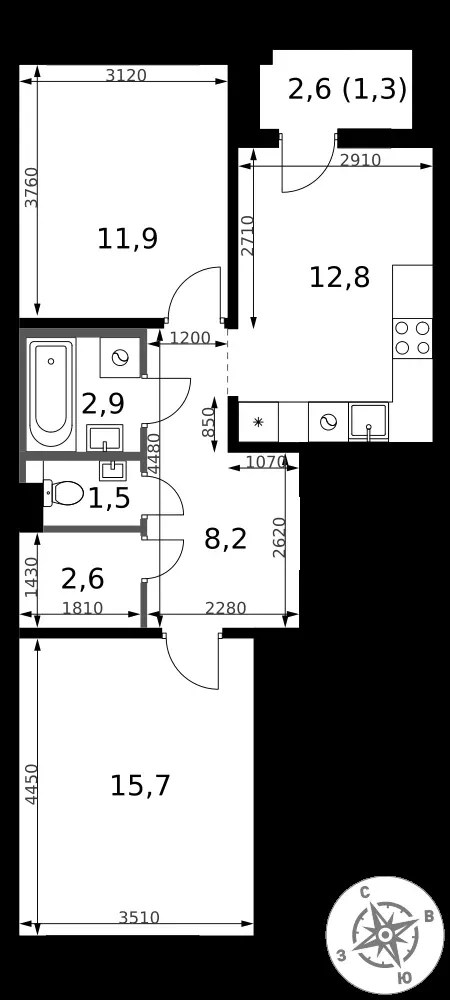 2-комнатная, 56,9 м² — 13 040 911 ₽