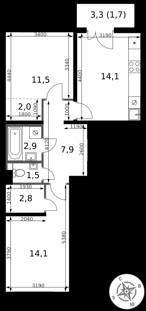 2-комнатная, 58,5 м² — 13 090 106 ₽