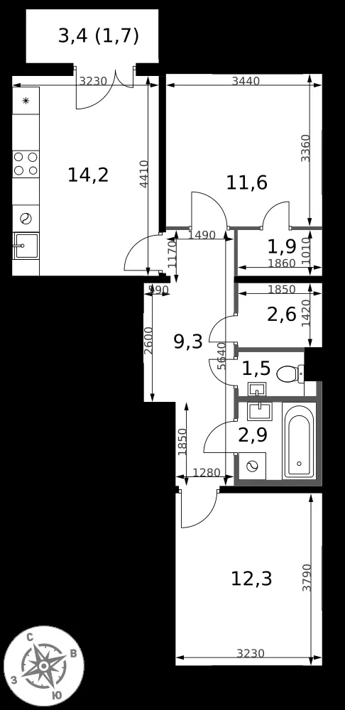 2-комнатная, 58 м² — 13 001 715 ₽