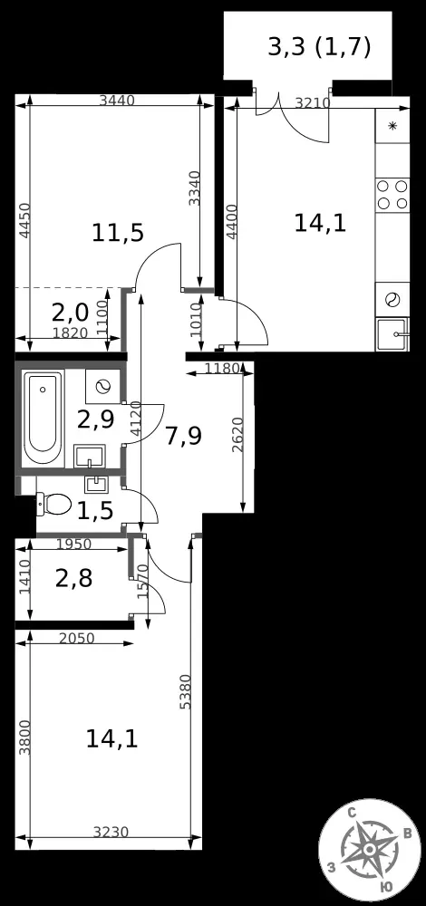 2-комнатная, 58,5 м² — 13 113 799 ₽