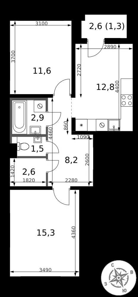 2-комнатная, 56,2 м² — 13 087 575 ₽