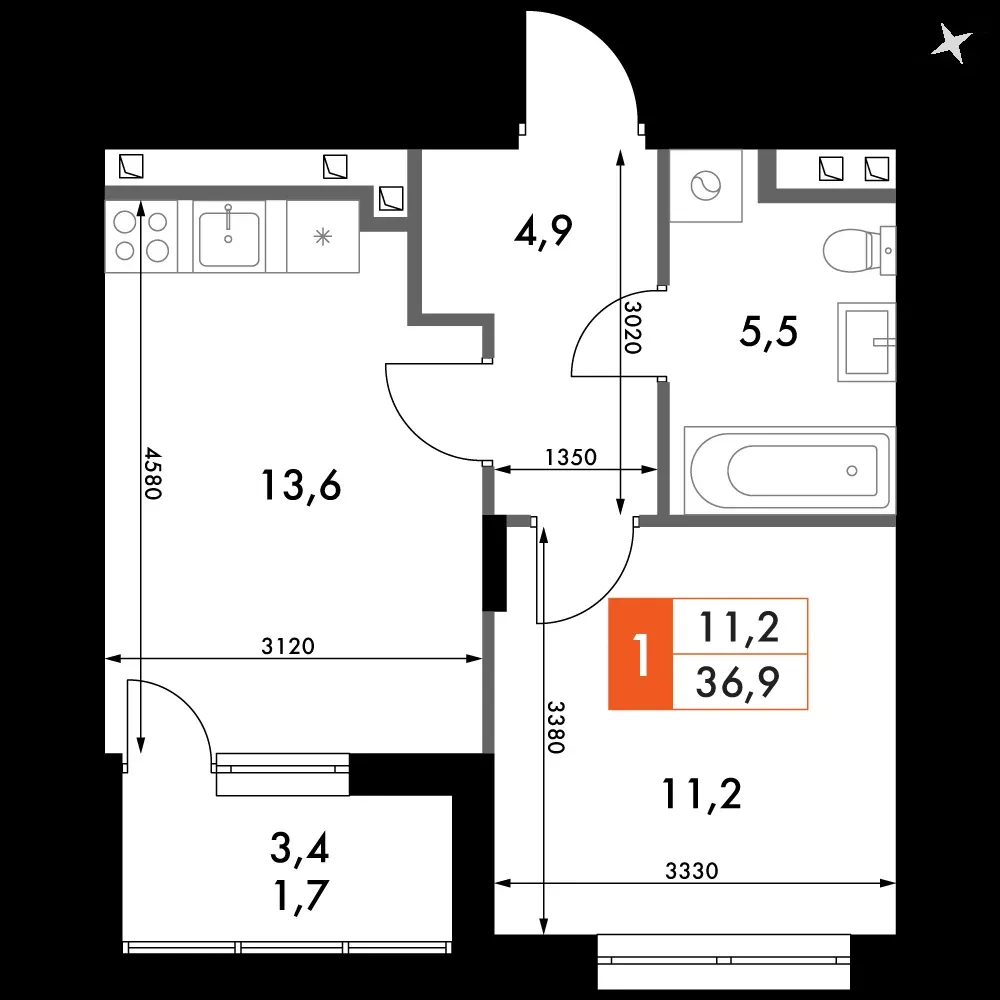 1-комнатная, 36,9 м² — 6 403 984 ₽