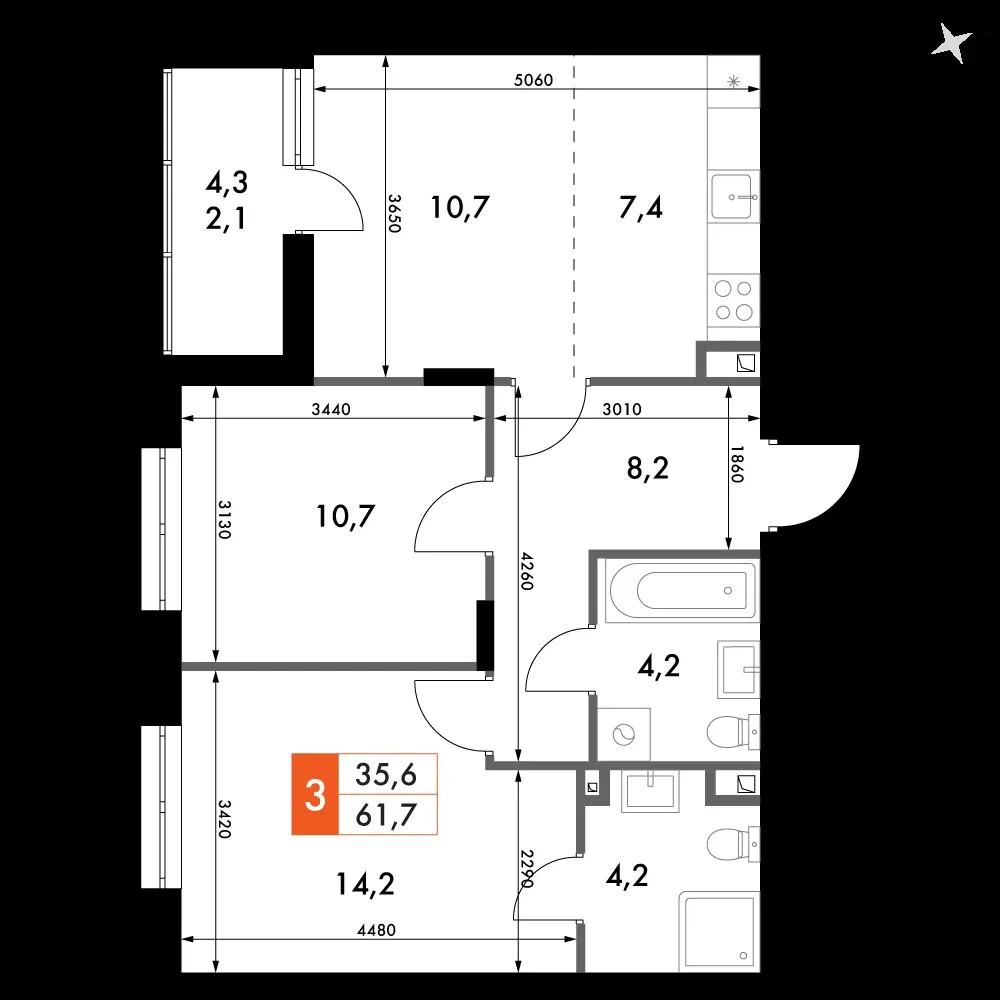 3-комнатная, 61,7 м² — 9 406 004 ₽