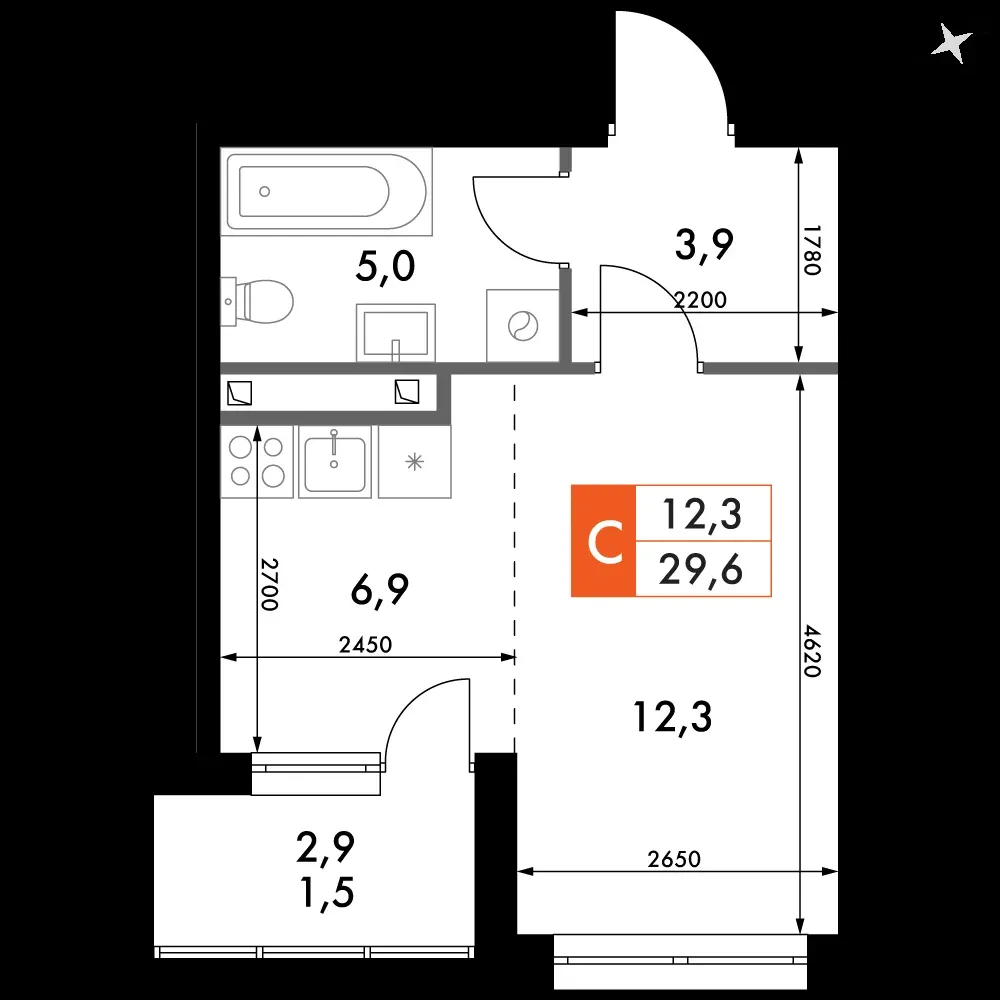1-комнатная, 29,6 м² — 5 499 029 ₽