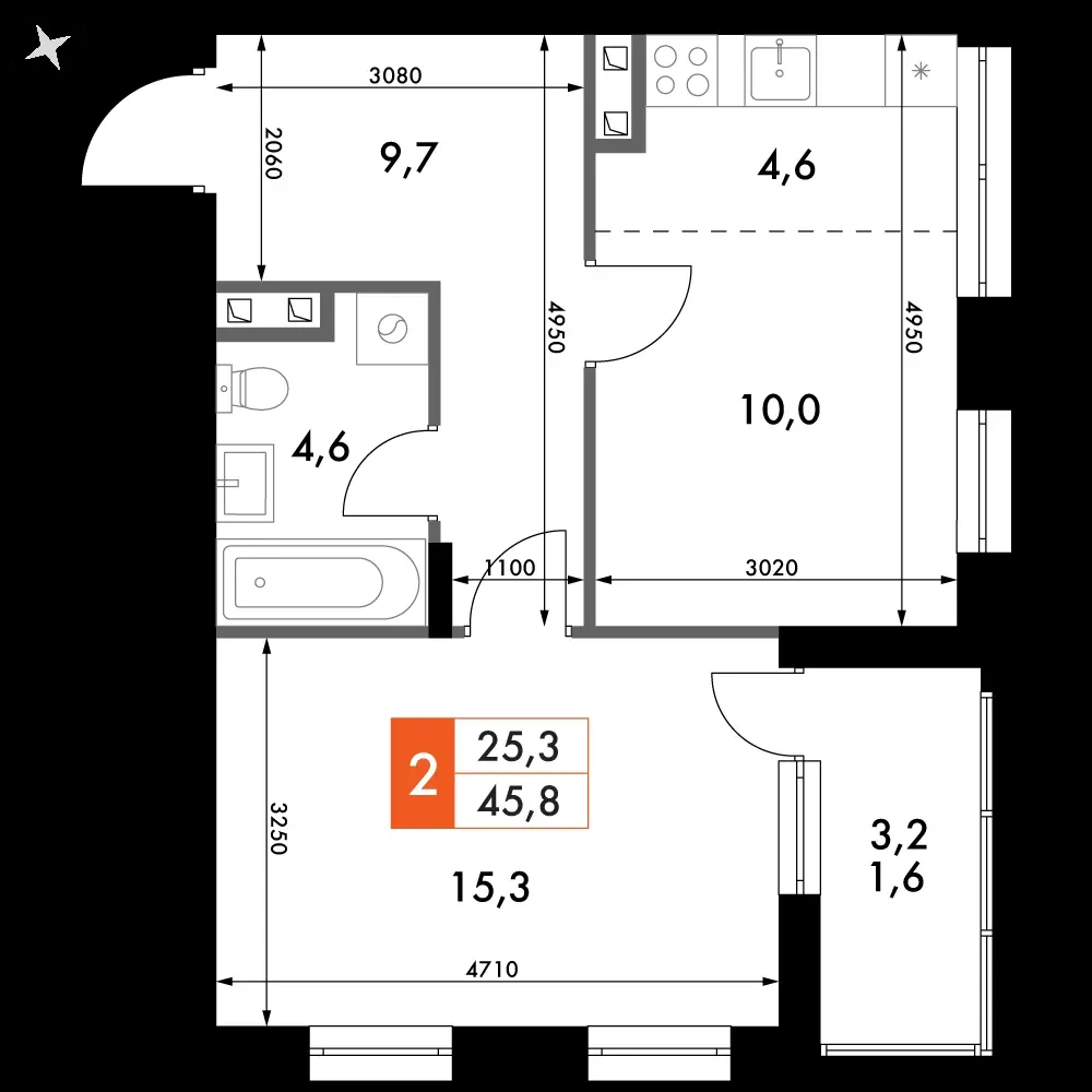 2-комнатная, 45,8 м² — 7 483 780 ₽