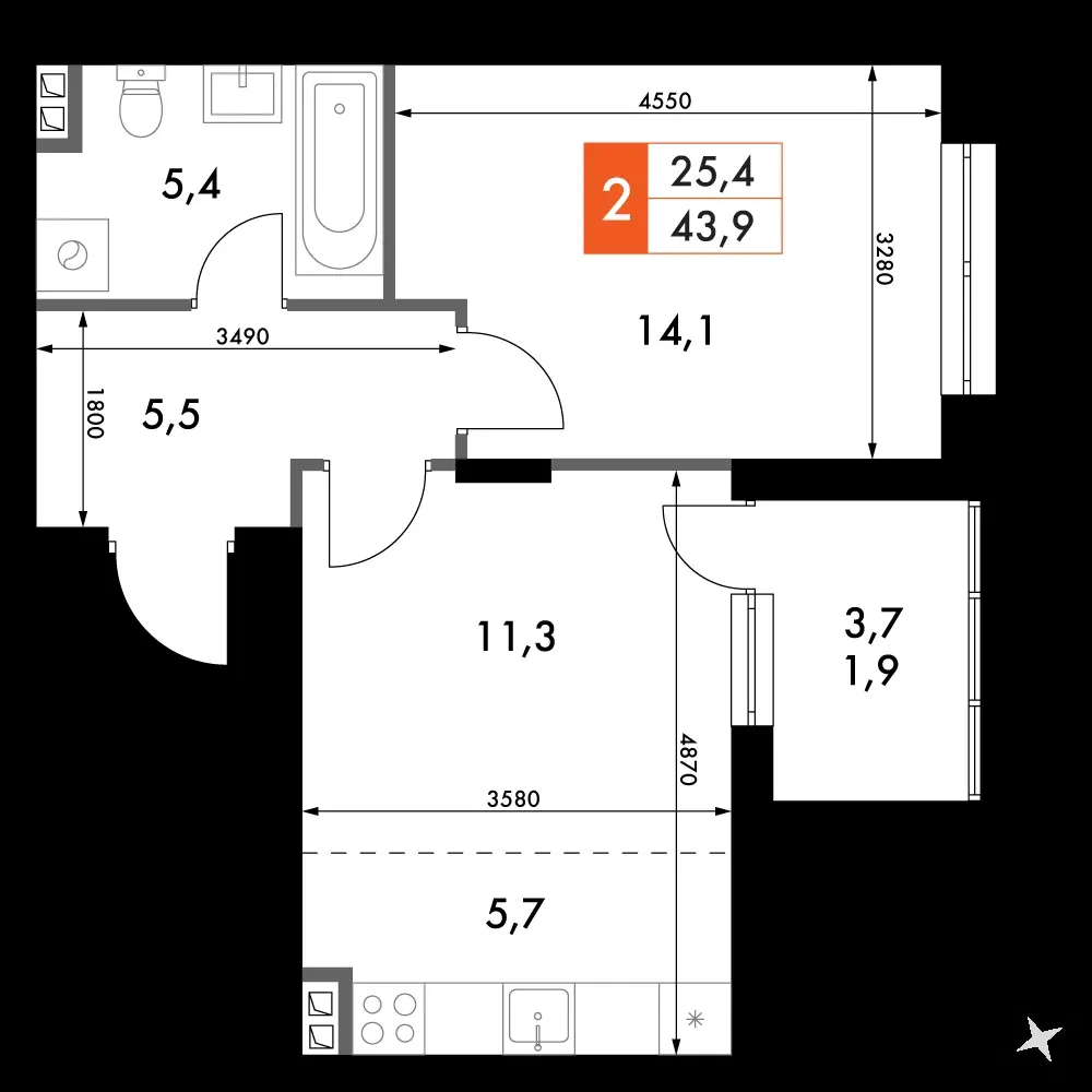 2-комнатная, 43,9 м² — 7 356 960 ₽