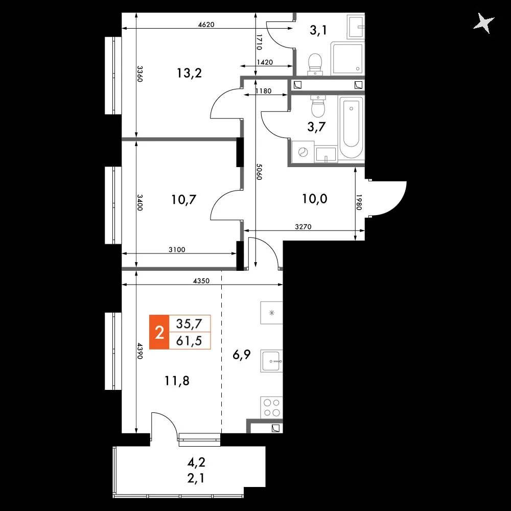 3-комнатная, 61,5 м² — 9 465 625 ₽