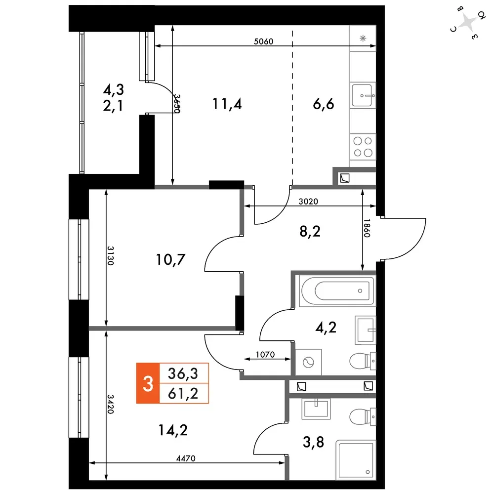 3-комнатная, 61,2 м² — 9 456 465 ₽