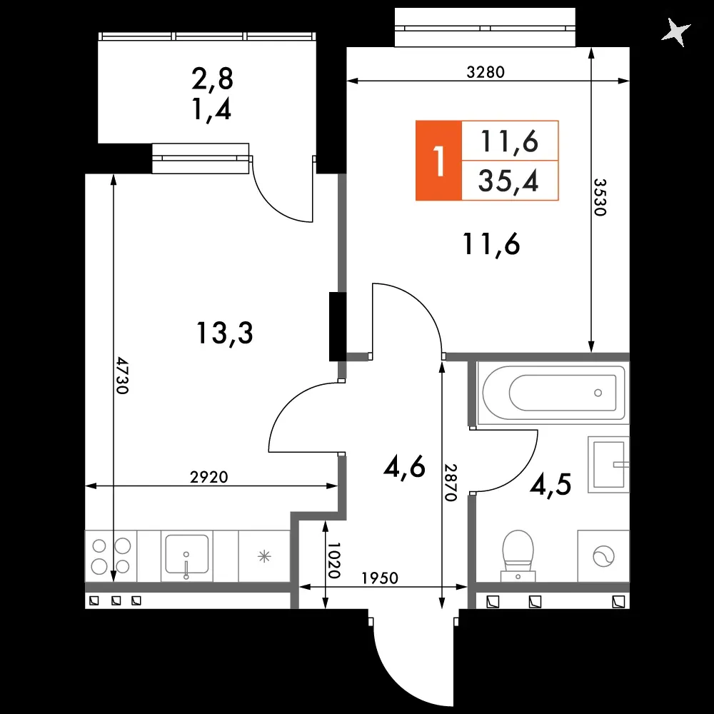 1-комнатная, 35,4 м² — 6 464 363 ₽