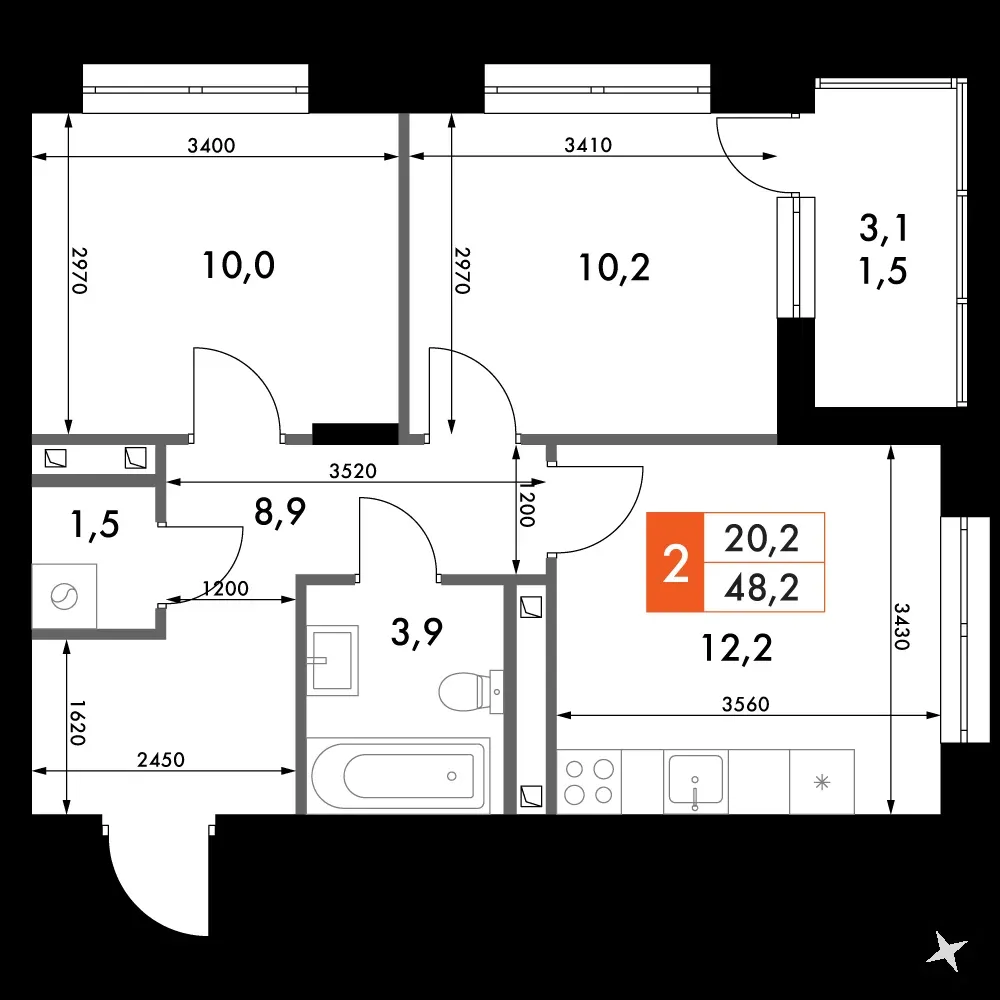 2-комнатная, 48,2 м² — 8 091 151 ₽