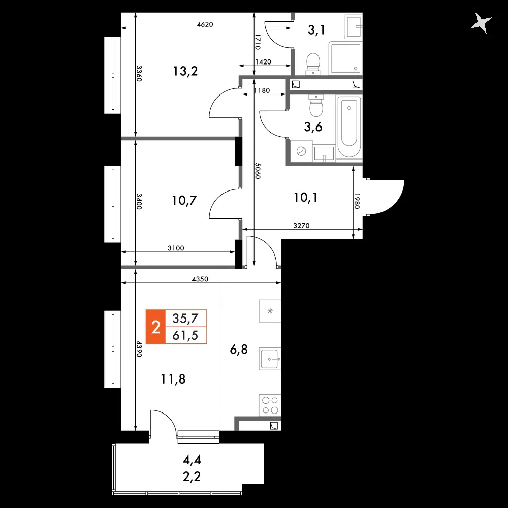 3-комнатная, 61,5 м² — 9 631 675 ₽
