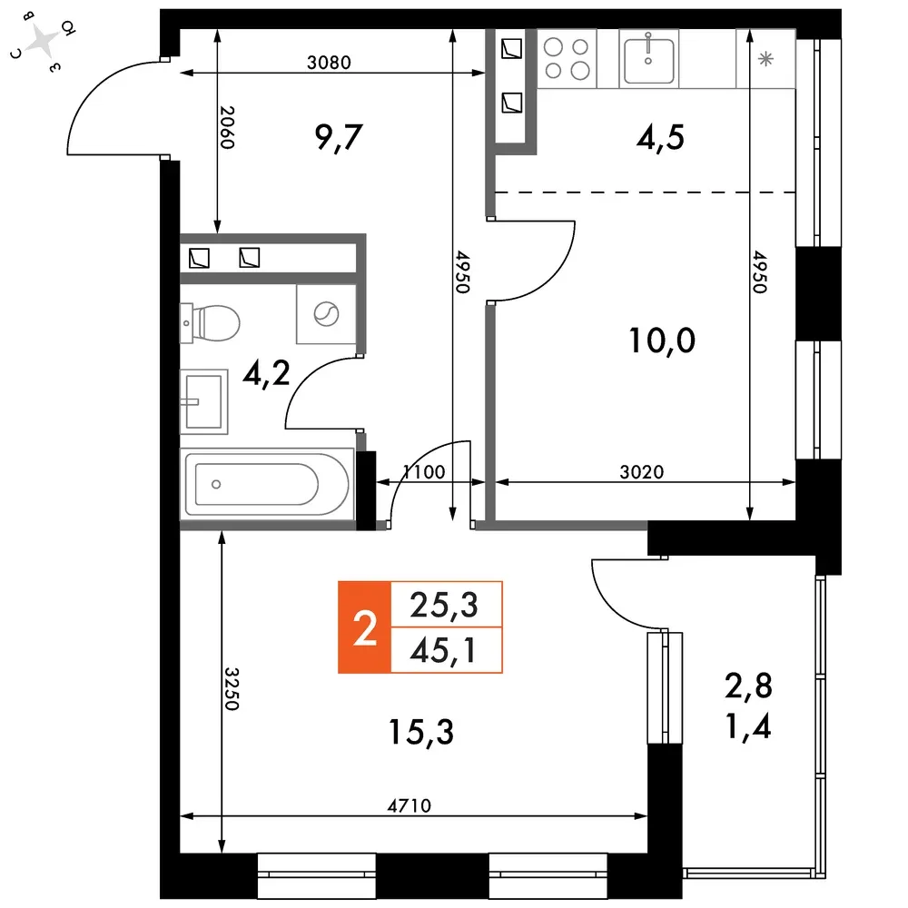 2-комнатная, 45,1 м² — 7 560 172 ₽