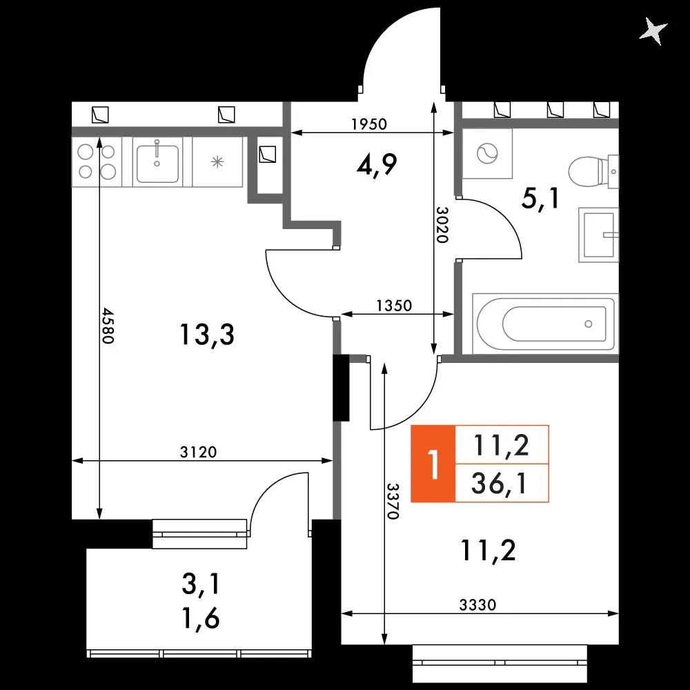 1-комнатная, 36,1 м² — 6 404 851 ₽
