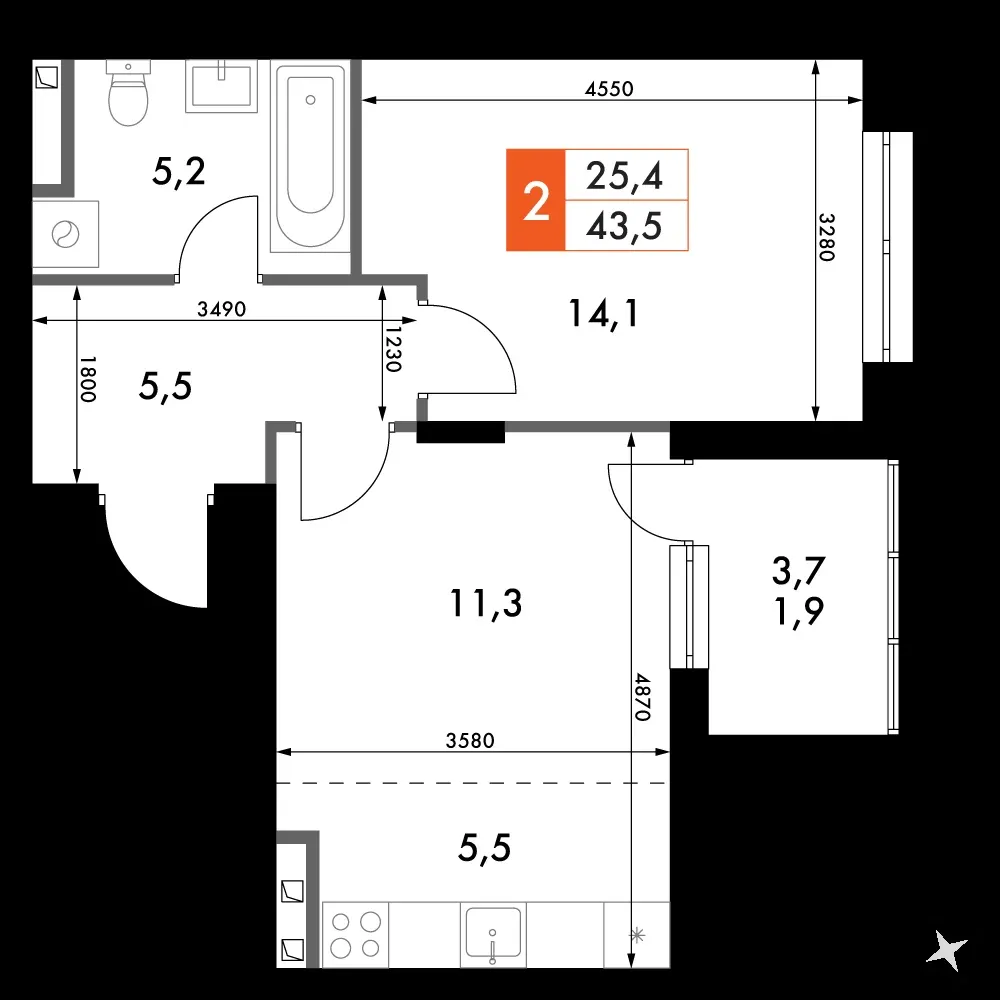 2-комнатная, 43,5 м² — 7 458 271 ₽