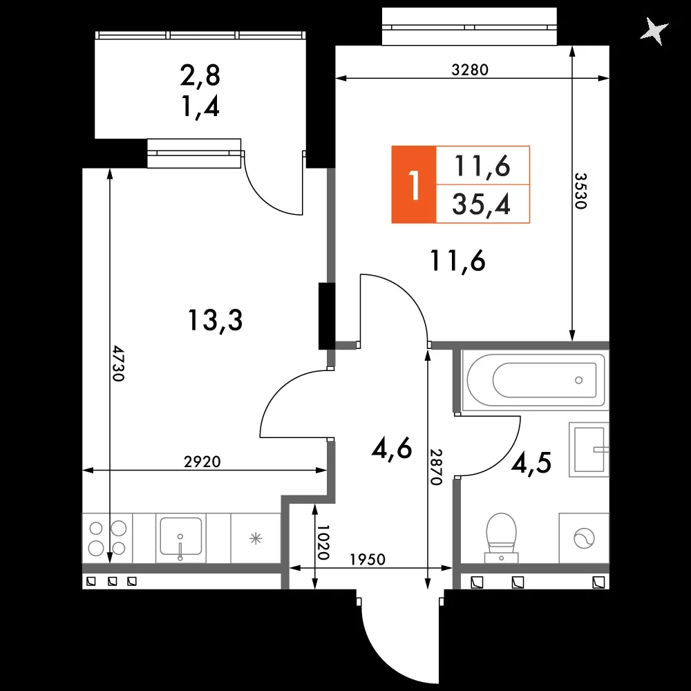 1-комнатная, 35,4 м² — 6 505 781 ₽