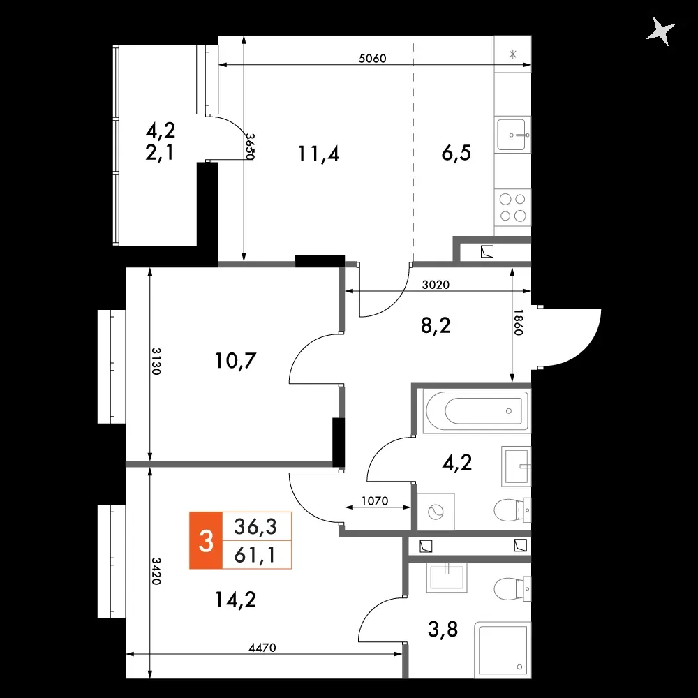 3-комнатная, 61,1 м² — 9 567 491 ₽