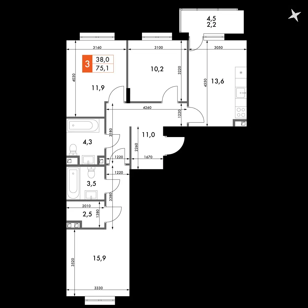 3-комнатная, 75,1 м² — 11 425 684 ₽
