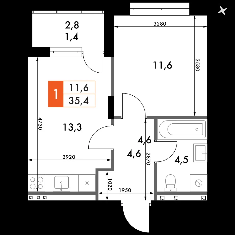 1-комнатная, 35,4 м² — 6 442 061 ₽