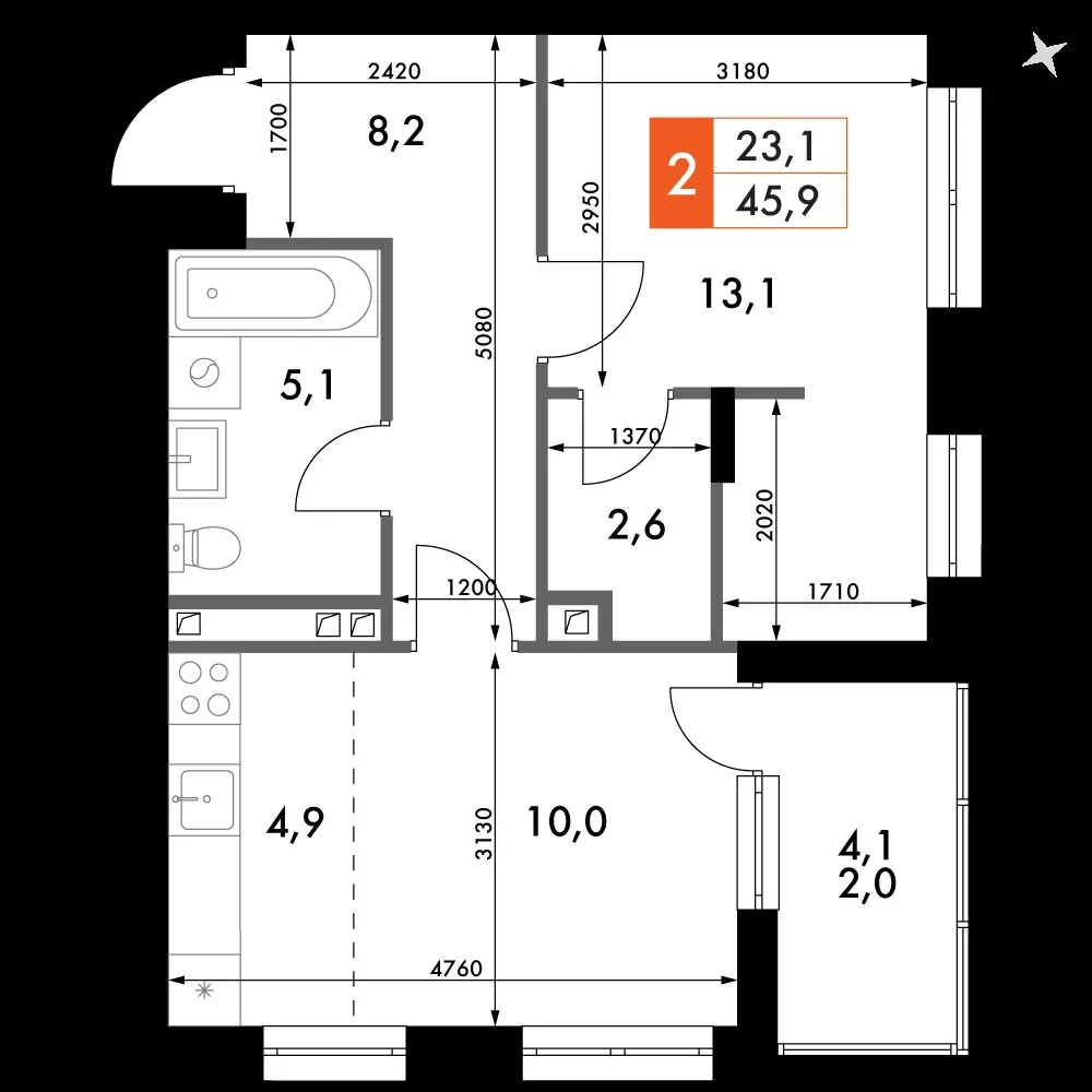 2-комнатная, 45,9 м² — 7 777 310 ₽