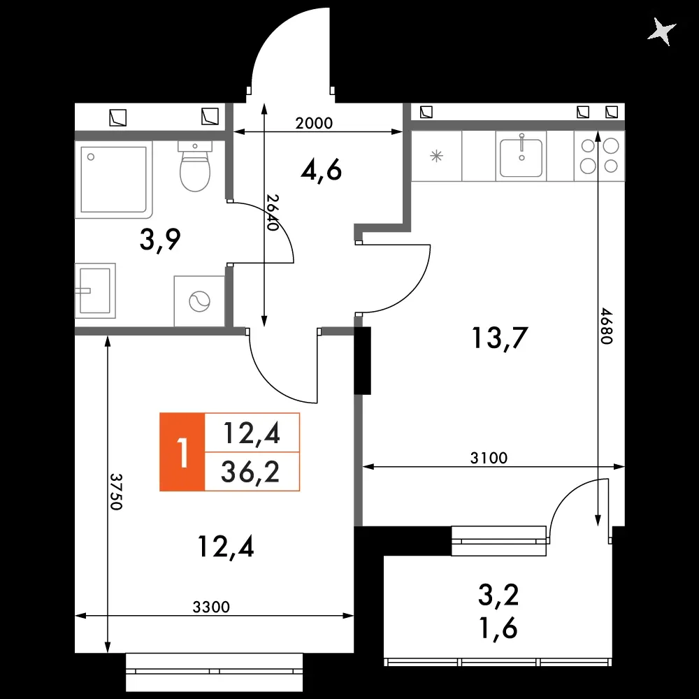 1-комнатная, 36,2 м² — 6 445 400 ₽