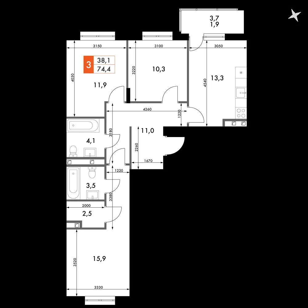 3-комнатная, 74,4 м² — 11 653 987 ₽