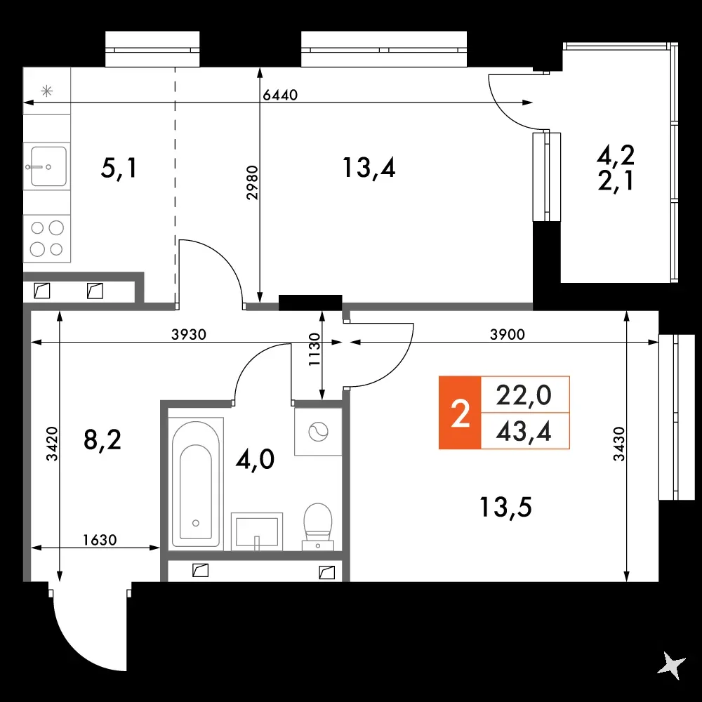 2-комнатная, 46,3 м² — 7 886 756 ₽