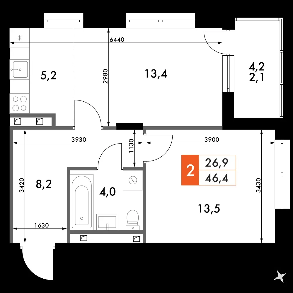 2-комнатная, 46,4 м² — 7 820 270 ₽