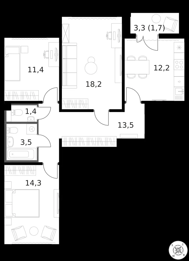 3-комнатная, 76,2 м² — 21 592 870 ₽