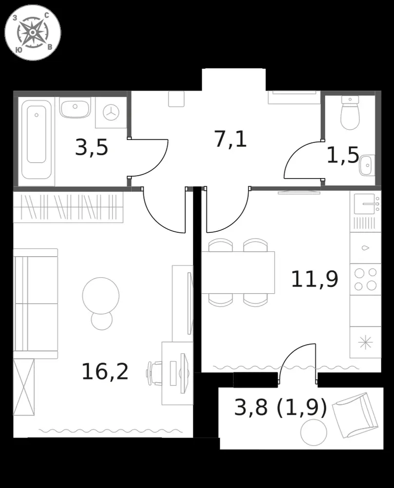 1-комнатная, 42,1 м² — 15 947 017 ₽