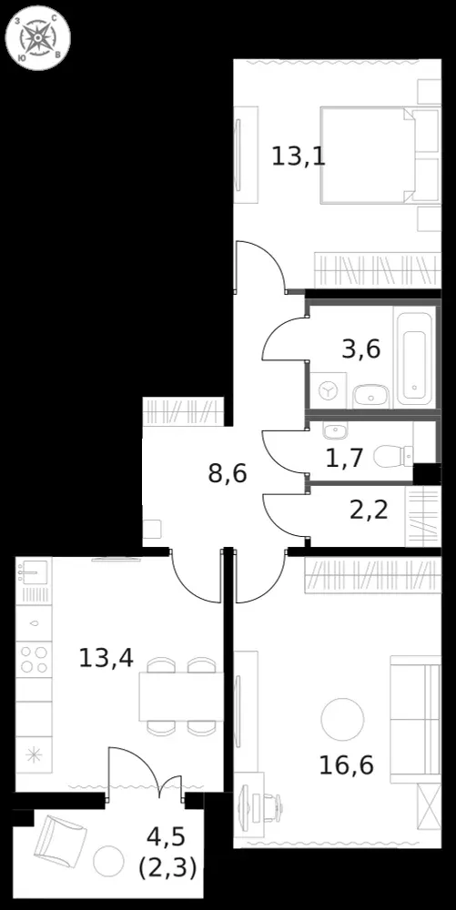 2-комнатная, 61,4 м² — 20 042 802 ₽