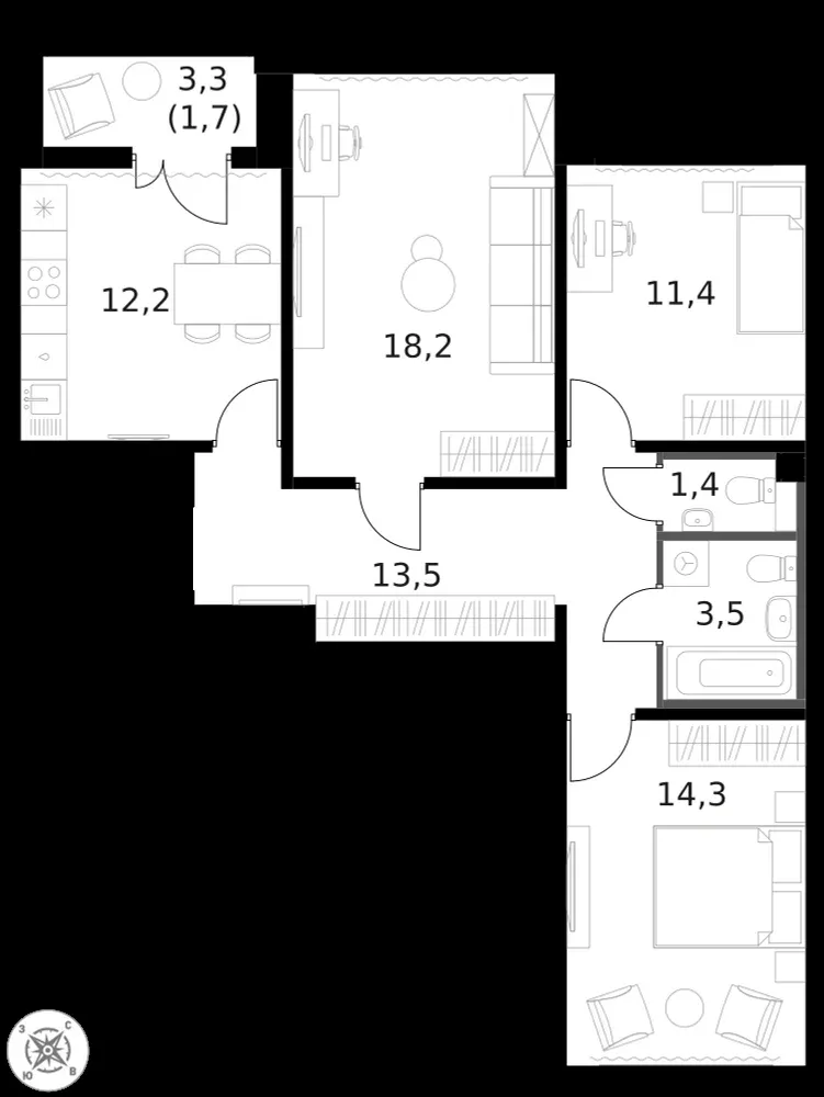 3-комнатная, 76,4 м² — 20 950 714 ₽