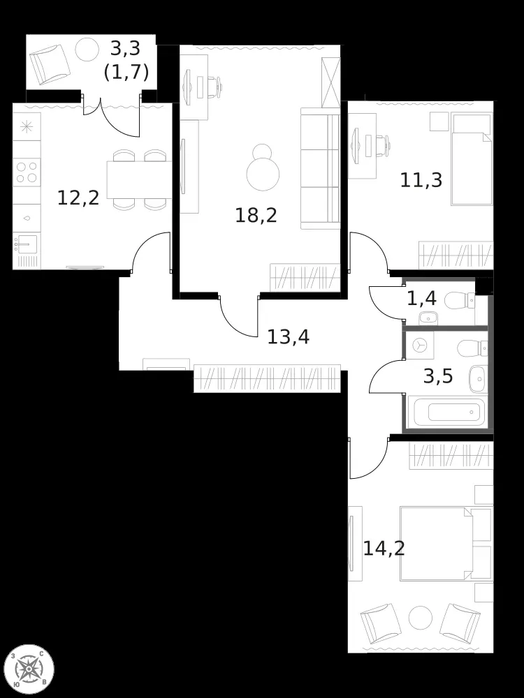 3-комнатная, 76,1 м² — 21 537 137 ₽
