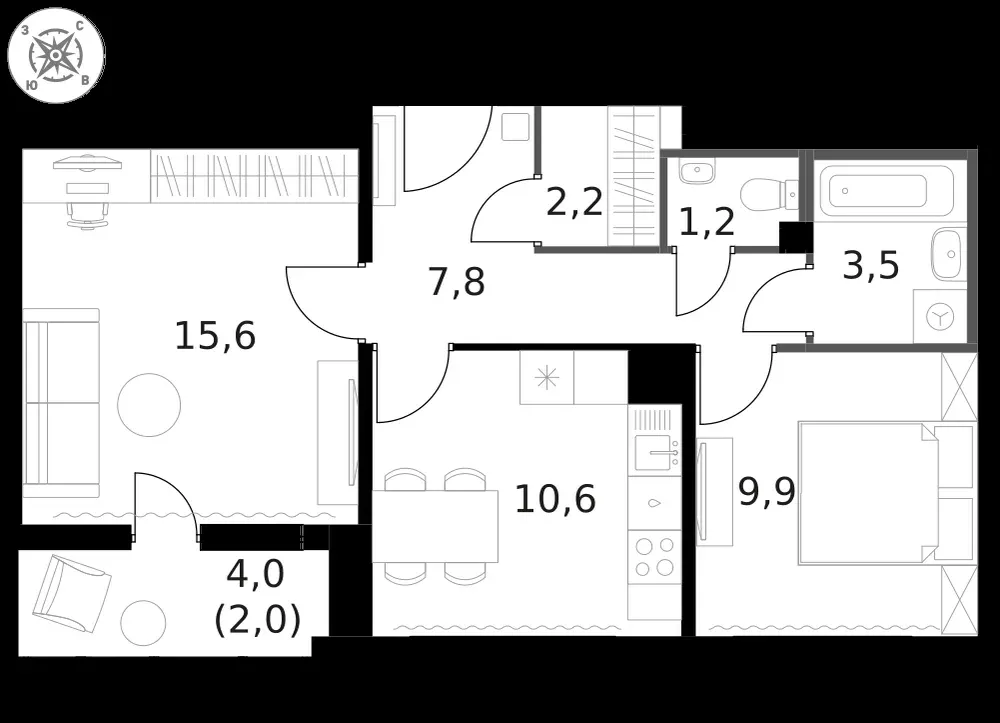 2-комнатная, 53,2 м² — 18 572 652 ₽
