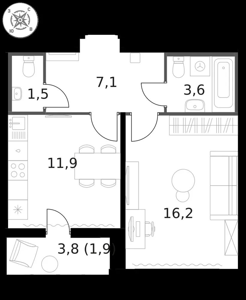 1-комнатная, 42,2 м² — 15 222 384 ₽