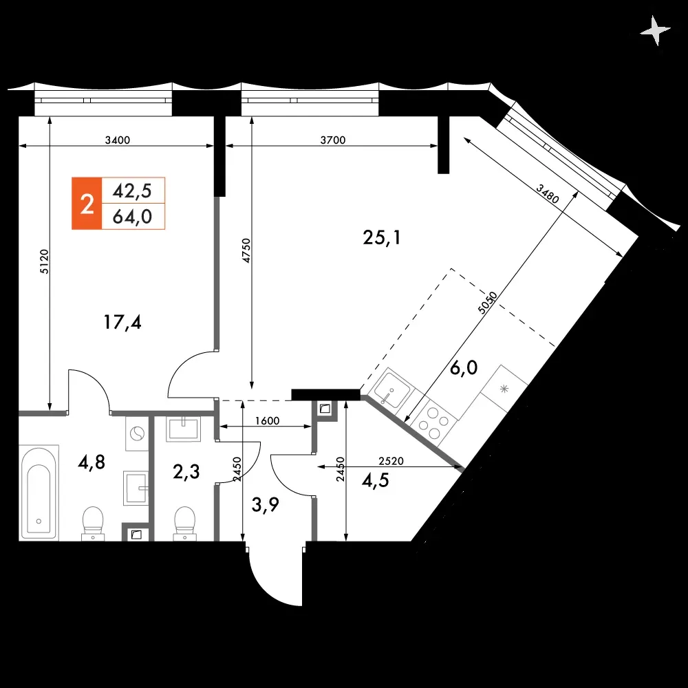2-комнатная, 64 м² — 16 962 566 ₽