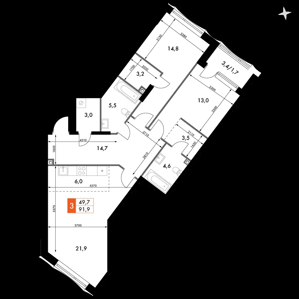 3-комнатная, 91,9 м² — 22 780 593 ₽