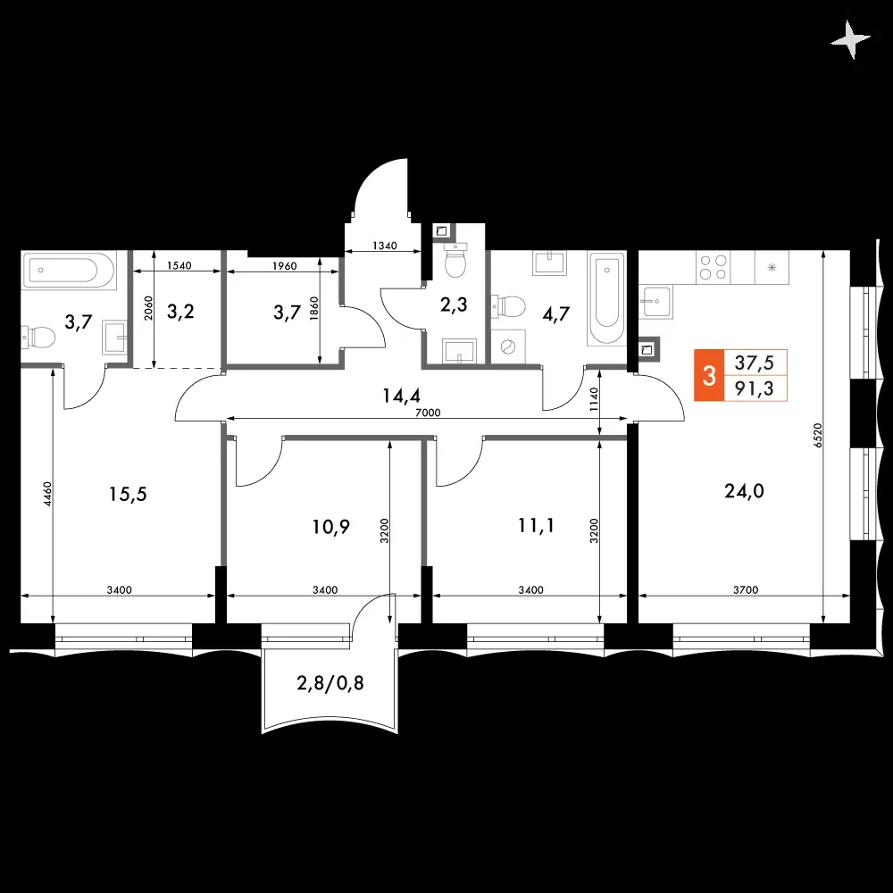 3-комнатная, 91,3 м² — 24 533 032 ₽