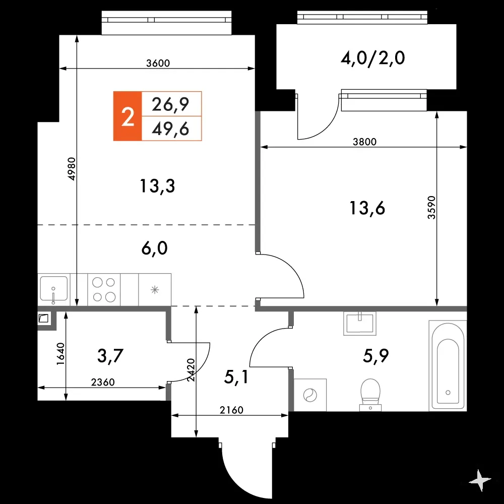 2-комнатная, 49,6 м² — 14 416 017 ₽