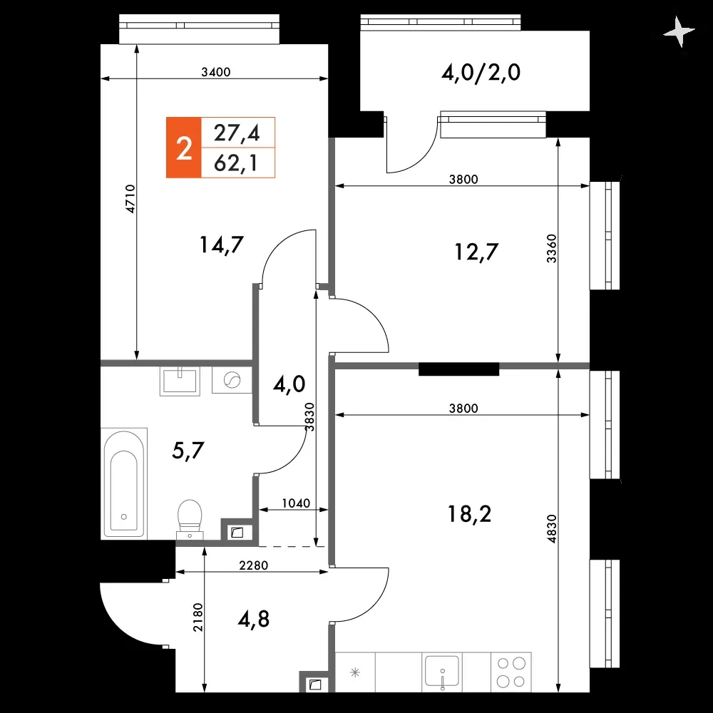 2-комнатная, 62,1 м² — 17 494 337 ₽