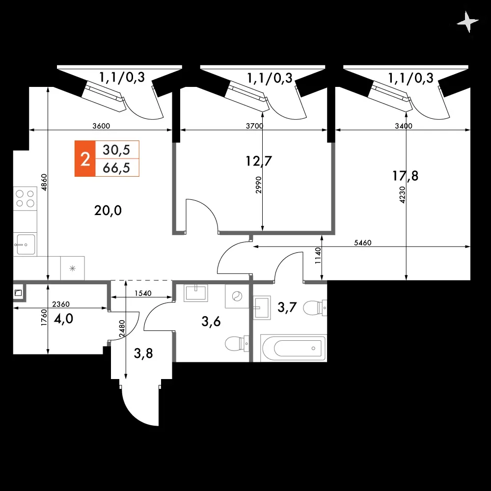 2-комнатная, 66,5 м² — 24 782 611 ₽