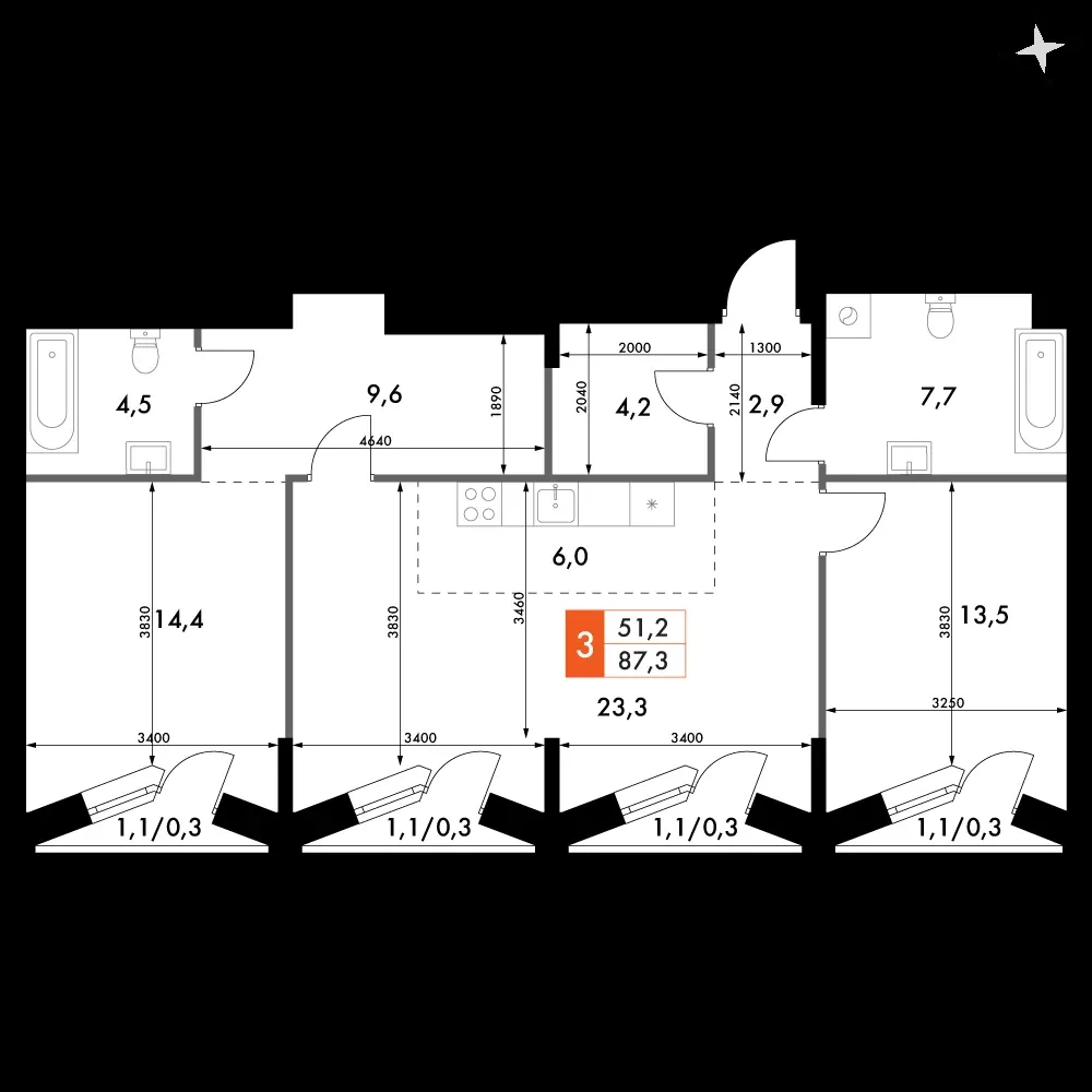 3-комнатная, 87,3 м² — 30 796 993 ₽