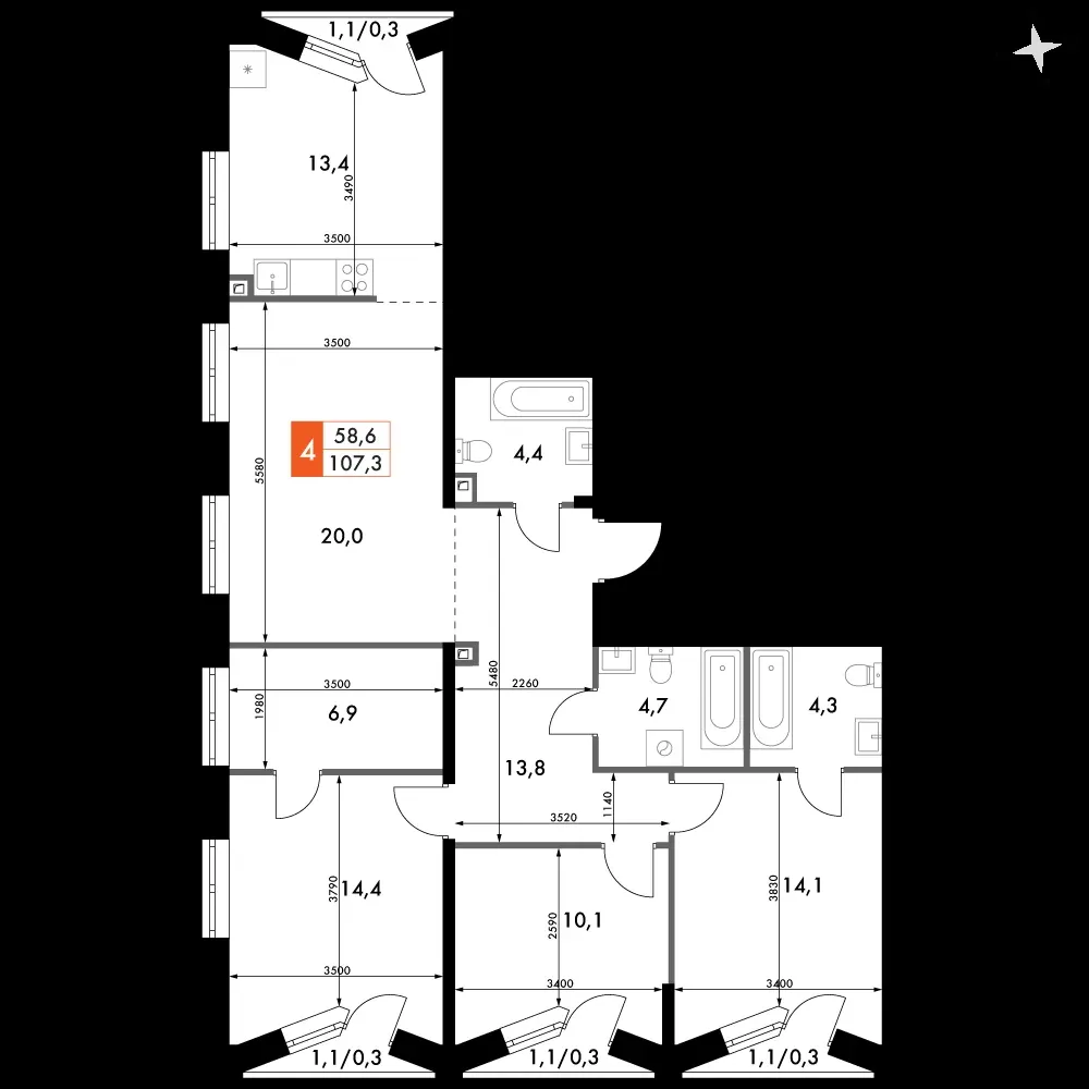 4-комнатная, 107,3 м² — 39 753 165 ₽