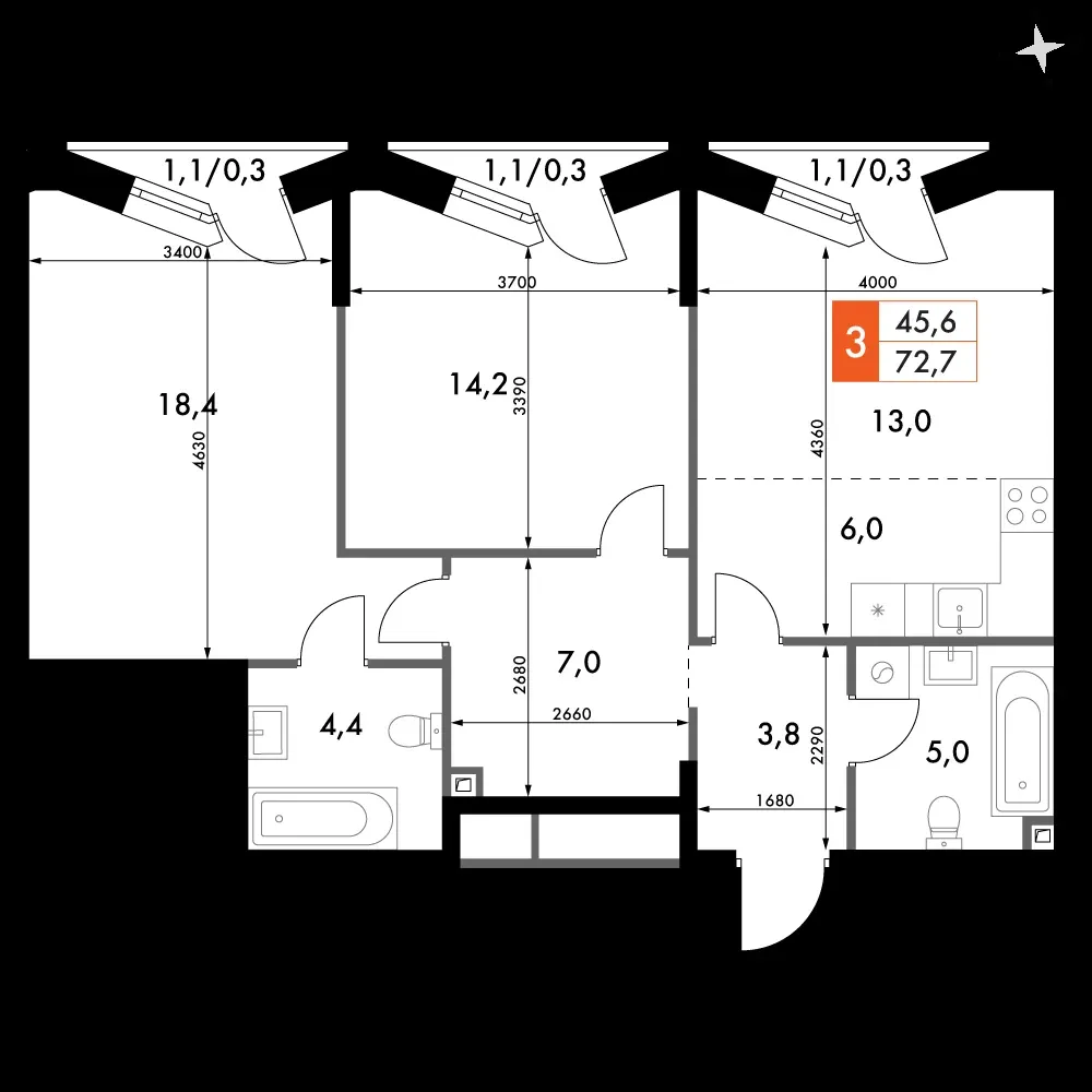 3-комнатная, 72,7 м² — 23 404 645 ₽