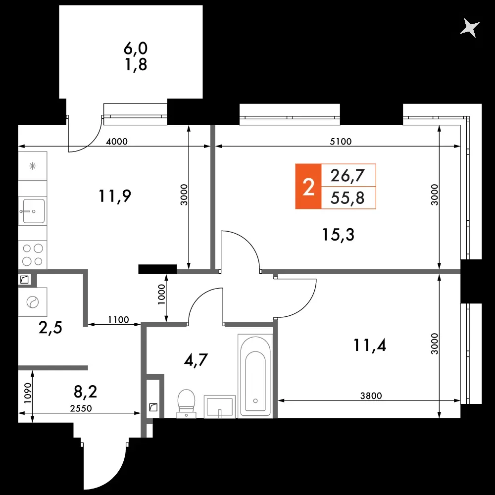 2-комнатная, 56,1 м² — 10 042 461 ₽