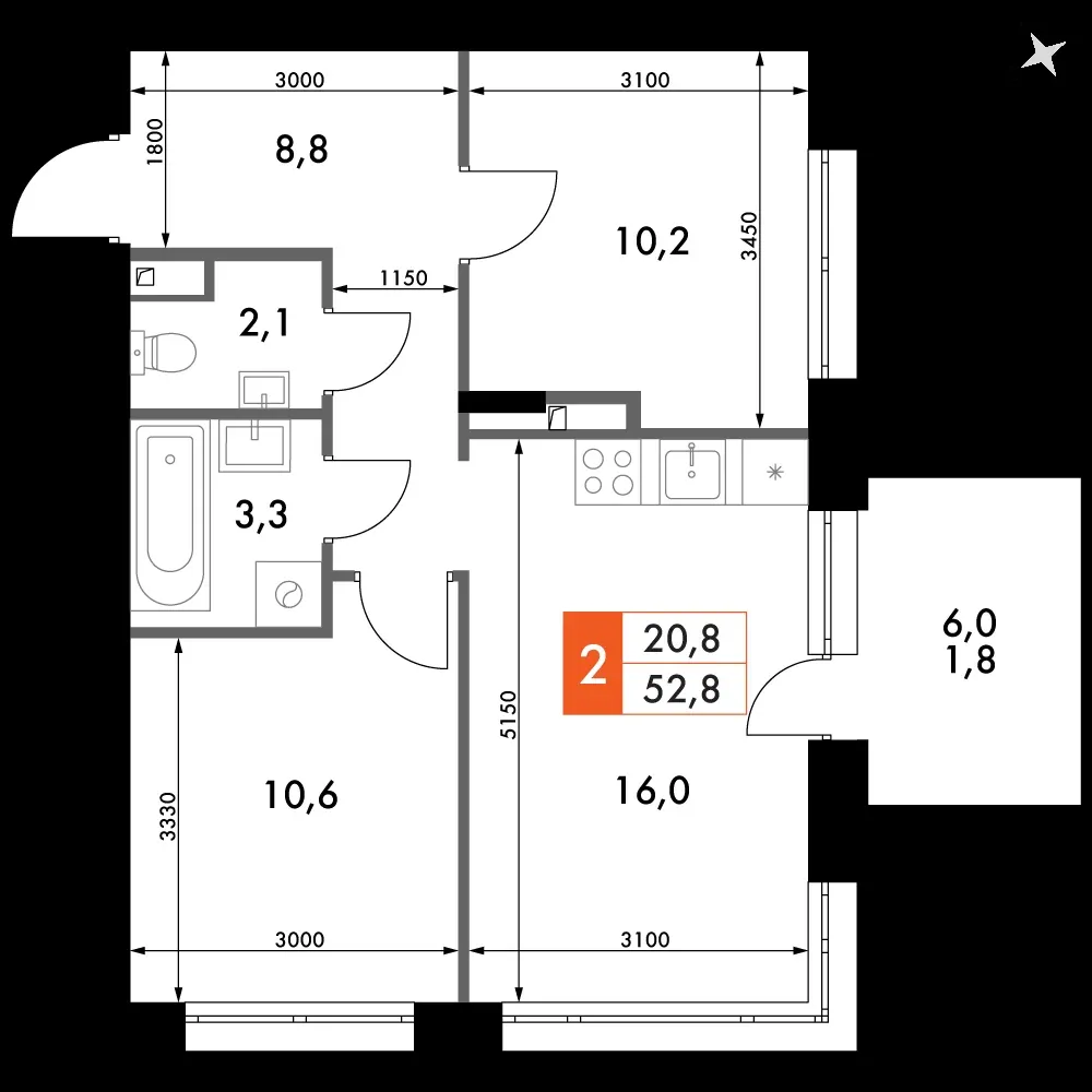 2-комнатная, 53,1 м² — 9 457 641 ₽